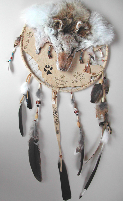 coyote shield shamanic art feathers, fur, leather